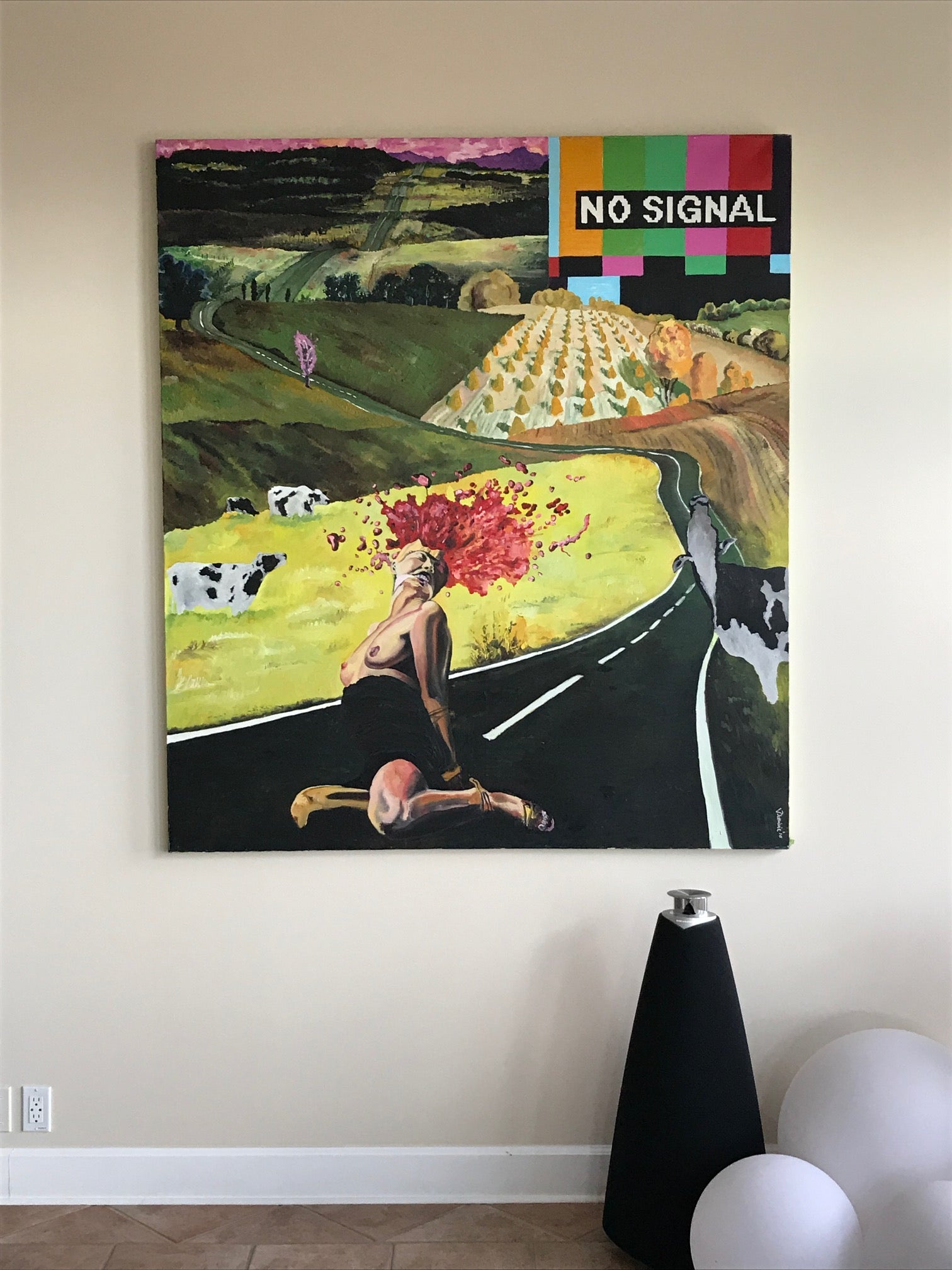 No signal (Roadkill) - original oil painting on canvas in the home of the collector in Arizona, US.