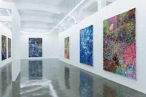 Chlorophyll oil painting collection by contemporary artist Dominic Virtosu. The pictures are exhibited in a contemporary art gallery.