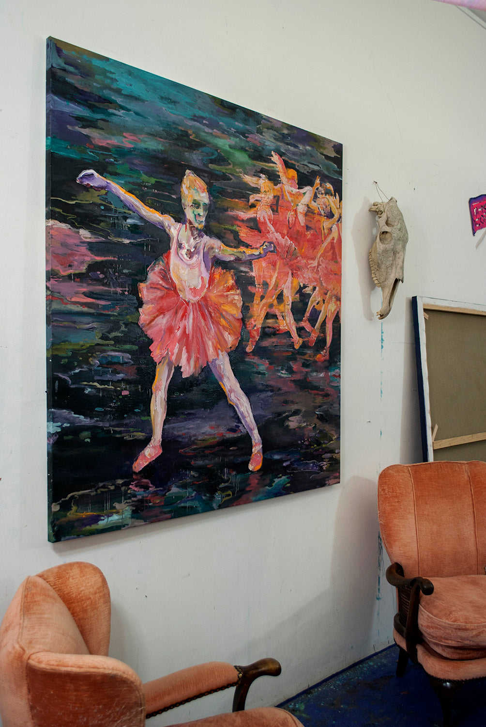 View in the studio of Dancers of Love, 150x150cm, oil on canvas, 2021 by Dominic Virtosu