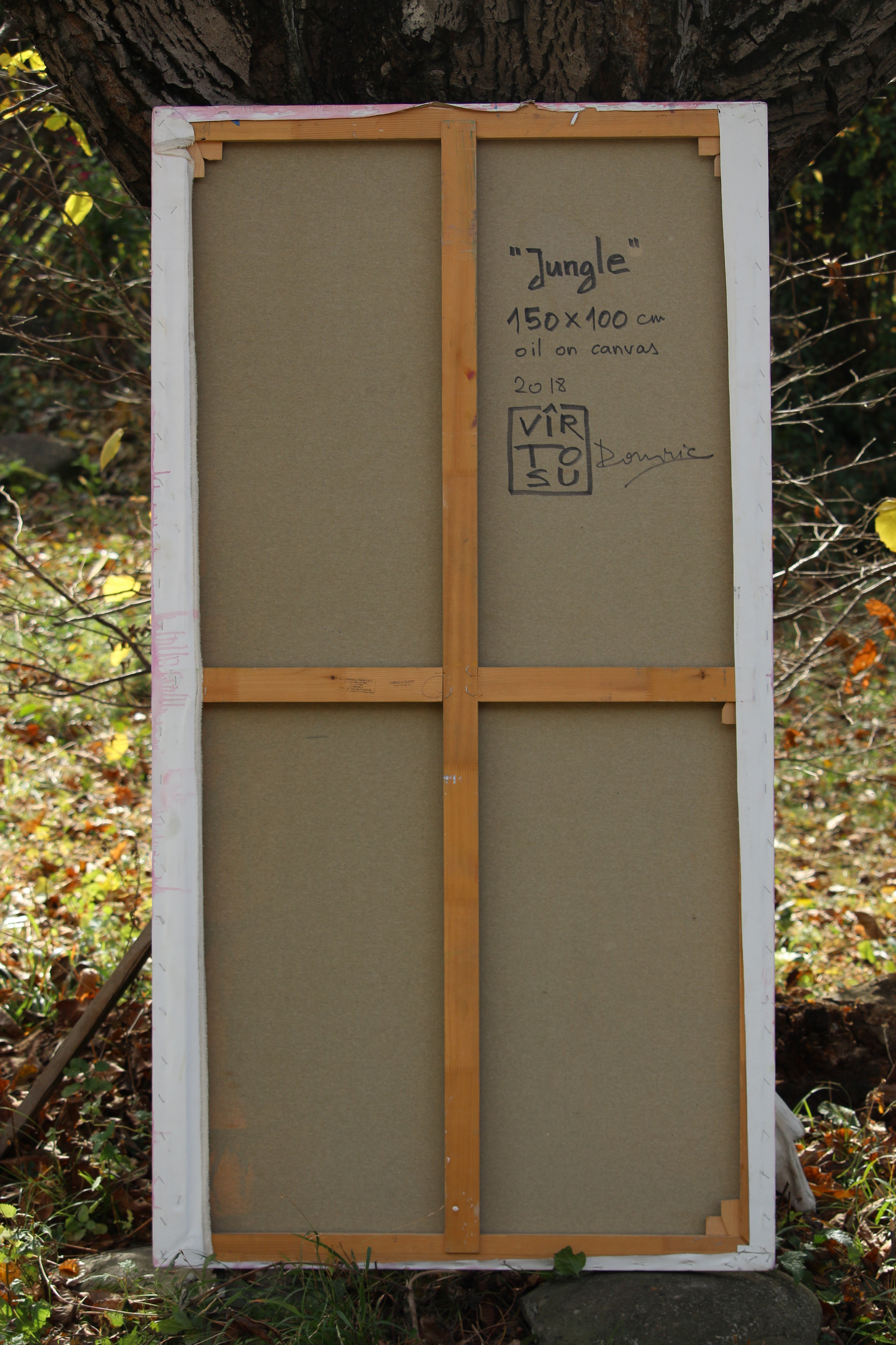 Back of the work "Jungle" showing signature of the artist. - work completed and photographed by the Dominic Virtosu in 2019 at his country studio in Romania.