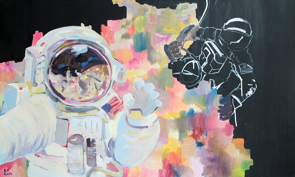 "Astronauts" is a painting showing what appears to be a selfie in space - original oil on canvas painting by Dominic Virtosu