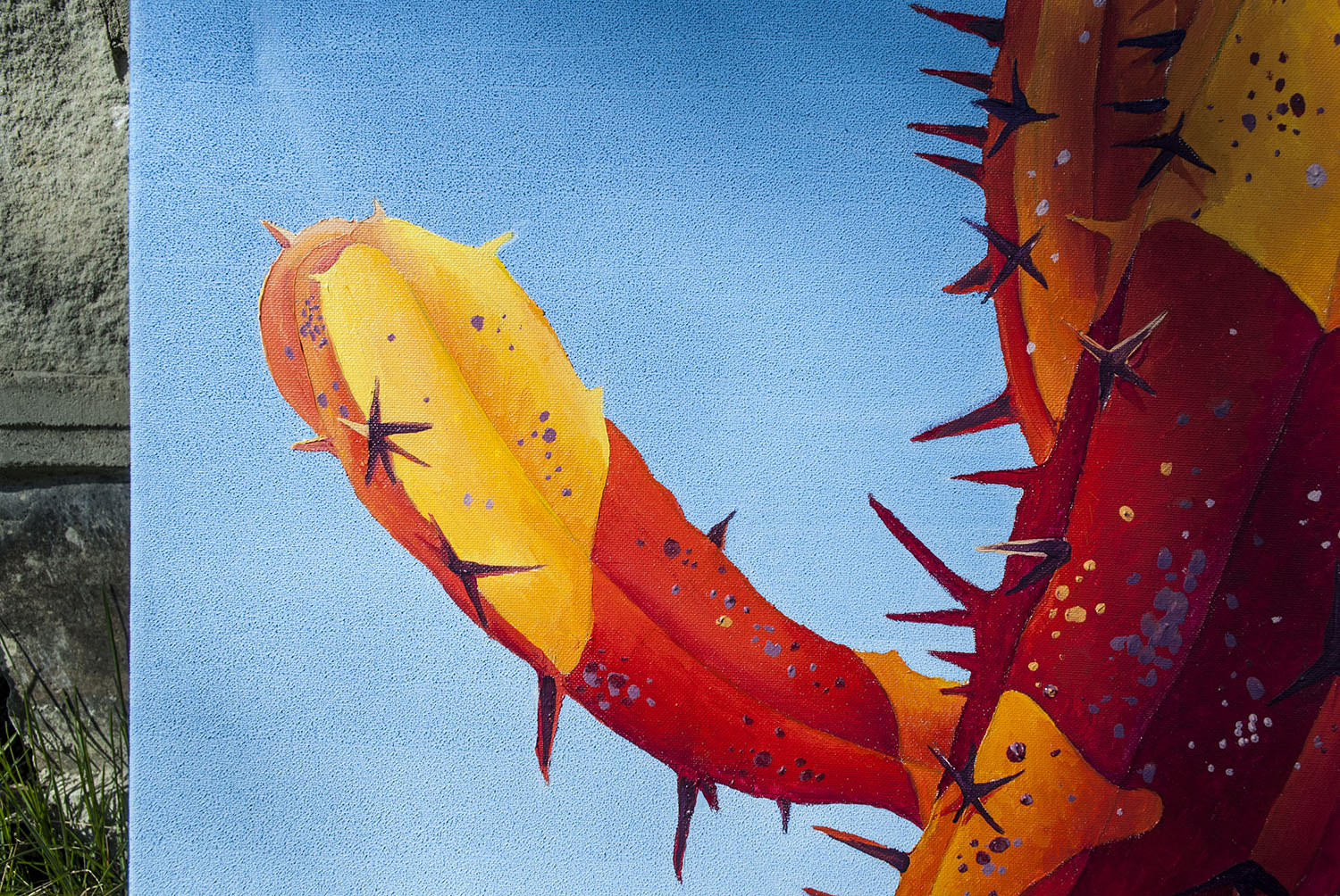 Detail of the spikes and cactus branches on Big Orange on Blue - beautiful cactus painting made in 2021 by Dominic Virtosu