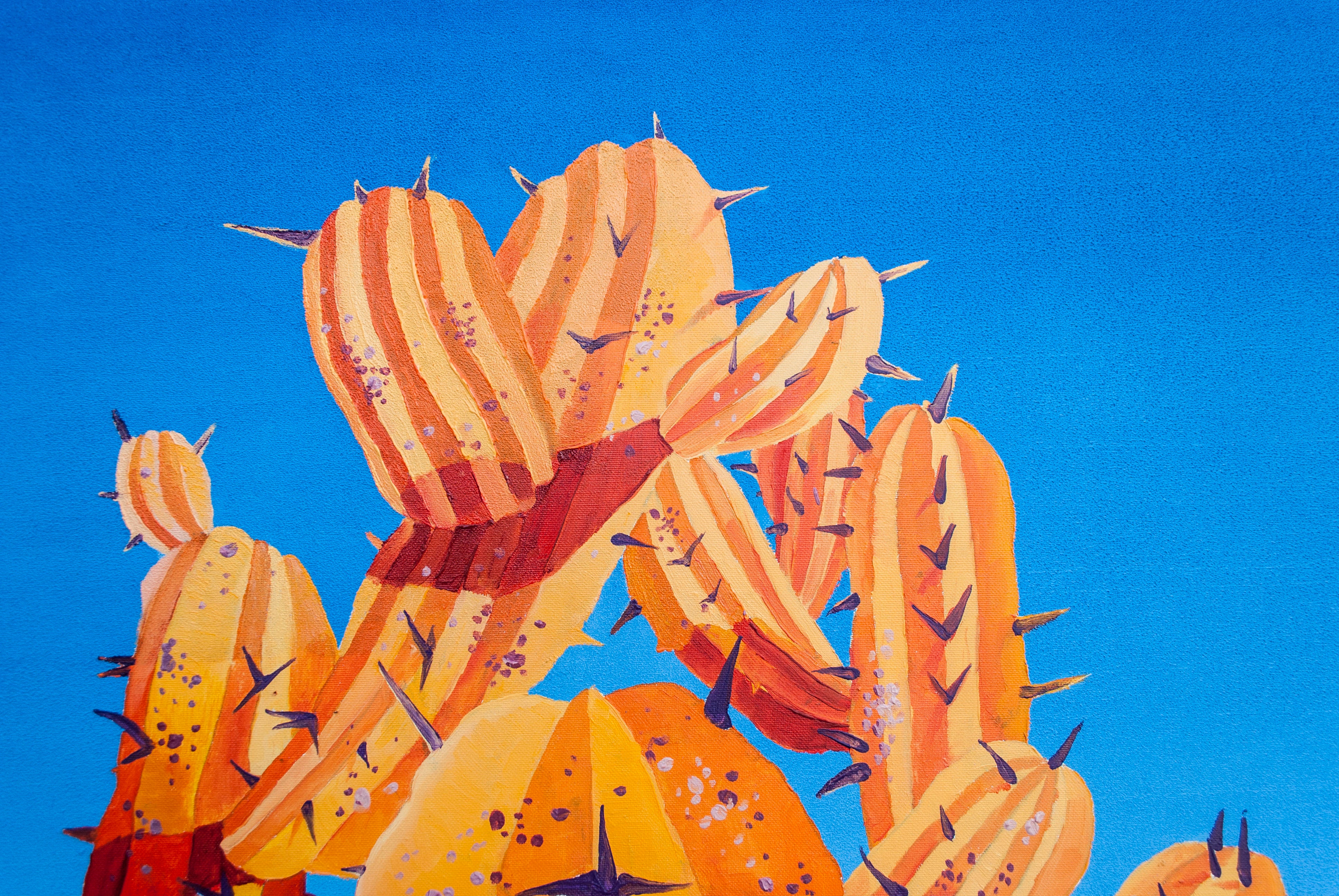 Detail view of Big Orange on Blue - beautiful cactus painting made in 2021 by Dominic Virtosu